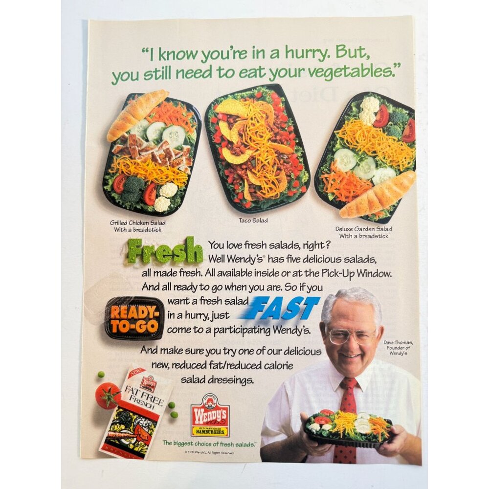Vintage 1993 Wendys Fast Food Restaurant Dave Thomas Advertisement Print Ad